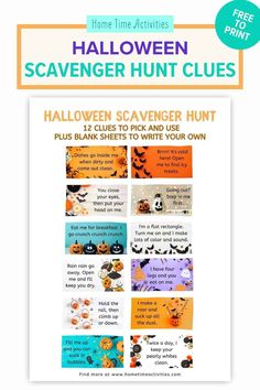 halloween scavenger hunt clues for kids to use with the printable activity book