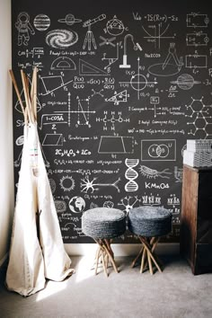 a chalkboard wall with drawings on it and two stools in front of it