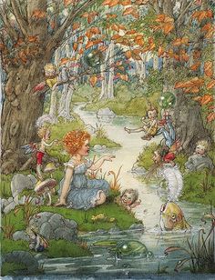 an illustration of children playing in the woods by a stream with mushrooms and other animals