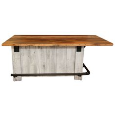 a wooden table with metal legs and a wood top on an isolated white wall background