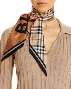 Burberry Scarf Outfit, Silk Scraf, Silk Scarf Outfit, Check Logo, Silk Scarf Tying, Burberry Outfit, Silk Neck Scarf, Scarf Tutorial, Classic Scarf