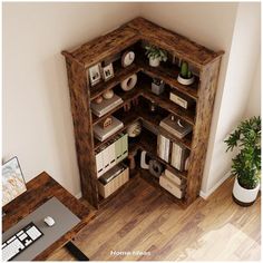 an open bookcase in the corner of a room