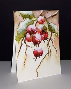 a watercolor painting of berries on a branch with leaves in the middle and snow around them