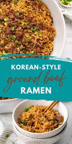 korean style ground beef ramen in a bowl with chopsticks on the side