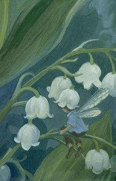 a painting of white flowers with a fairy on it