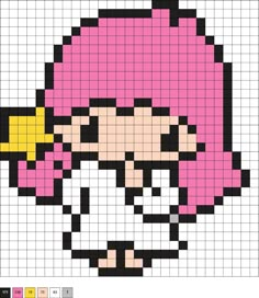 the pixel art is designed to look like an old school video game character with pink hair and