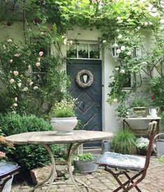 an outdoor table with two chairs and a potted plant in front of the door