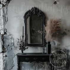 there is a mirror and vase on the mantle in this room with an old brick wall