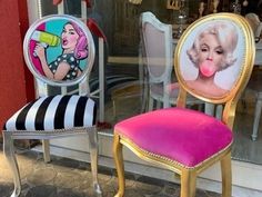 two chairs that have been painted to look like barbie dolls