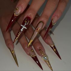 Santa Muerte Nails Acrylic, Red Catholic Nails, Red Stilletos Nails, Stilleto Nails Long Designs, Sharp Nails Design, Pretty Stiletto Nails, Baddie Stiletto Nails, Newest Nail Trends, Royalty Nails