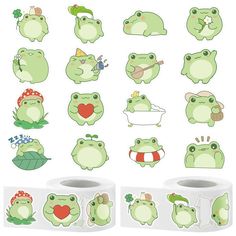 the frog stickers are green and have different designs on them, including one with a heart