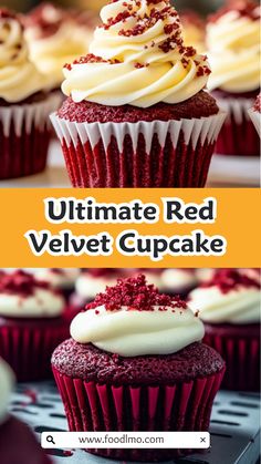 red velvet cupcakes with white frosting and sprinkles