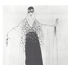 a drawing of a woman in a black and white dress with feathers on her head