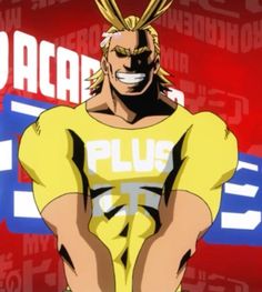 the anime character is wearing a yellow shirt and has his hands on his hips while standing in front of a red background