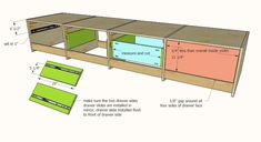 the plans for an entertainment center with drawers and shelves are shown in green, blue, pink