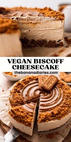 vegan biscoff cheesecake with chocolate frosting and graham crackers on top