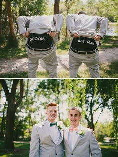 two men in suits and bow ties standing next to each other with the words groom written on their back