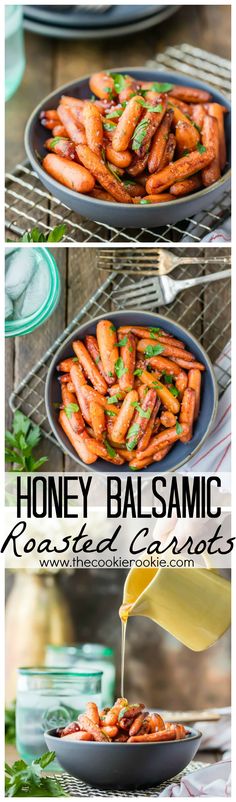 honey balsamic is being drizzled on top of carrots in a pan