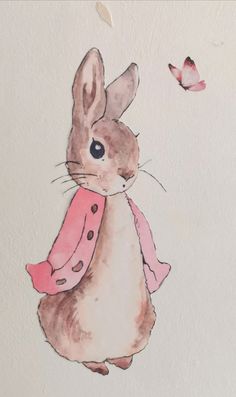 a watercolor painting of a rabbit with a pink scarf and butterfly in the background