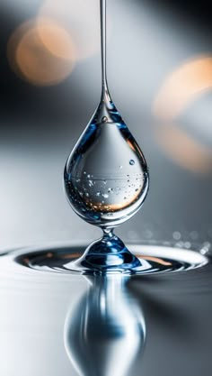 a drop of water that is floating in the air with some light reflecting off it's surface