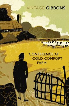 an old poster with a person standing in front of a gate and farm buildings on the other side