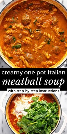 two pictures with different types of pasta in them and the words creamy one pot italian meatball soup