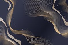 an abstract gold and black background with wavy lines in the shape of waves on a dark blue background