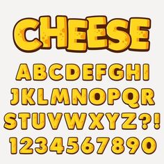 a set of cartoon yellow alphabet letters and numbers with cheese textures on white background