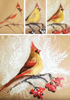 four pictures of birds on branches with berries