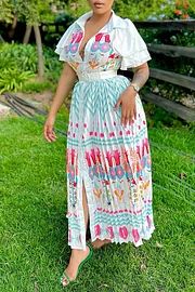 Elegant Short Sleeve Print Single Breasted Pleated Maxi Dress (Without Belt) Church Outfit, Pleated Maxi