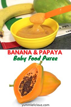 banana and papaya baby food puree is in a yellow bowl next to an orange