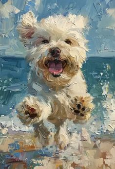 a painting of a white dog running on the beach with his paws in the air