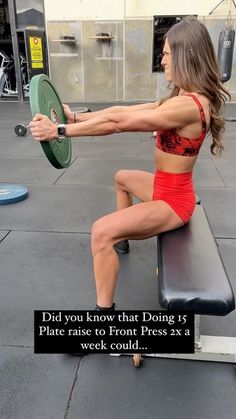 a woman sitting on top of a bench holding a green disc with the words did you know that doing 15 plates to front press?