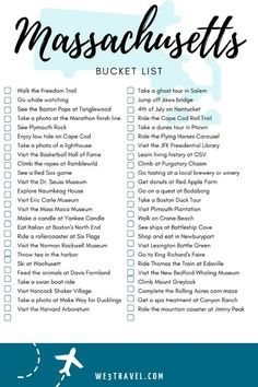 a travel checklist with the words, massachusetts bucket list and an airplane flying over it