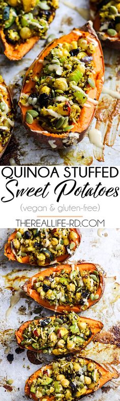 stuffed sweet potatoes with pesto and pine nuts on top are shown in this recipe