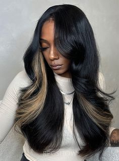 Hair color: Jet Black with Chunky Blonde Highlights</BR>

Hair length: 20 Inches</BR>

Hair density: 200%</BR> Blonde Highlights Hair, Chunky Blonde Highlights, Blonde Curly Wig, Black Hair Wigs, Full Lace Wig Glueless, Curly Lace Wig, Bob Haircut Curly, Blonde Hair With Bangs, Sew In Hairstyles