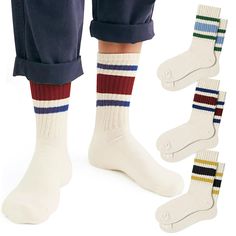 PRICES MAY VARY. 【Womens Athletic Socks】--Package included 3pairs of different each color striped crew socks.Machine wash, cold water wash, air / tumble dry, no ironing. Women athletic socks are perfect for everyday wear or most outdoor sports activities. 【Fun Novelty Socks】--The retro trend set off in recent years,most of bloggers like to wear striped socks with fashion clothes/shoes.3Pairs striped fun crews socks with a retro striped design, it goes well with any clothes for exercise or daily Striped Tube Socks, Socks Packaging, Comfy Socks, Sporty Casual, Socks For Women, Casual Athletic, Striped Socks, Calf Socks, Novelty Socks