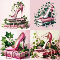 four different images of high heeled shoes with pearls on them and ivys around the heels