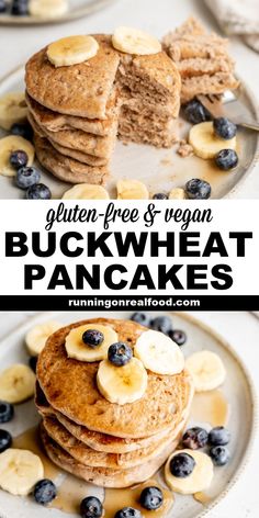 pancakes topped with bananas and blueberries are stacked on top of each other in front of the words gluten - free & vega buckwheat pancakes