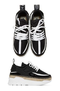 Kenzo Black & White K-Lastic Espadrille Sneakers. Low-top neoprene, suede, and patent leather sneakers in black and white. Round toe. Lace-up closure in white. Grosgrain trim and pull-loop in white at vamp and tongue. Padded collar. Black And White Lace-up Sneakers For Sports, Black Lace-up Canvas Platform Sneakers, Modern Black Lace-up Platform Sneakers, Black And White Lace-up Synthetic Sneakers, Kenzo Sneakers Women, Sperry Sneaker