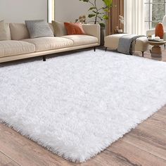 a living room with a white rug on the floor