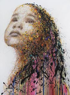 an abstract painting of a woman's face with multicolored paint splatters all over it