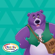 a purple bear holding a brown bag with the name charlie and company on it's chest