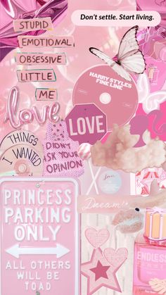 a collage of pink stickers and other items