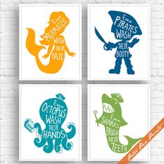 four prints with different types of seahorses and words on them, all in various colors