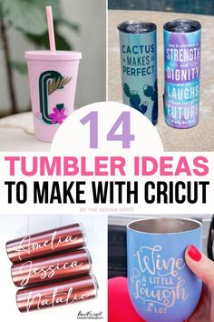 collage of Cricut tumbler ideas for vinyl and sublimation with the text "14 tumbler ideas to make with Cricut" Personalized Tumblers Vinyl Decals, Cricut Tumbler Ideas, Best Cricut Machine, Personalized Wine Tumblers, Cricut Tumbler, Tumbler Wrap Template, Sublimation Wraps, Unique Glassware, Diy Tumbler