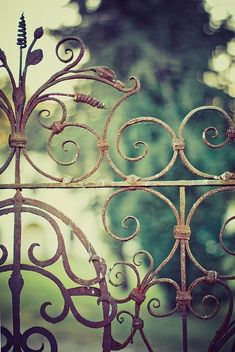 an old iron gate is shown in the foreground