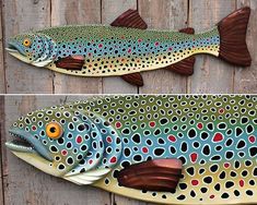 two pictures of fish with different colors and patterns on the body, one is painted