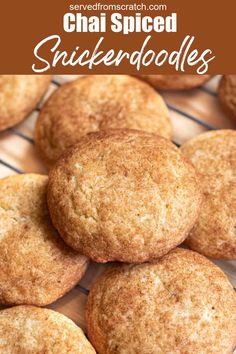 several small muffins on a cooling rack with text overlay that reads, chai snickkerdoodles