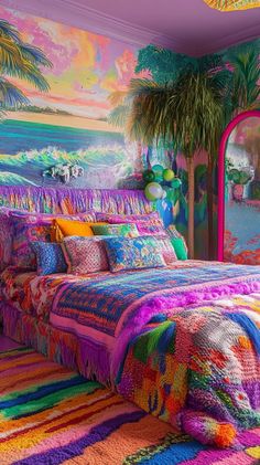 a bedroom with colorful bedding and palm trees